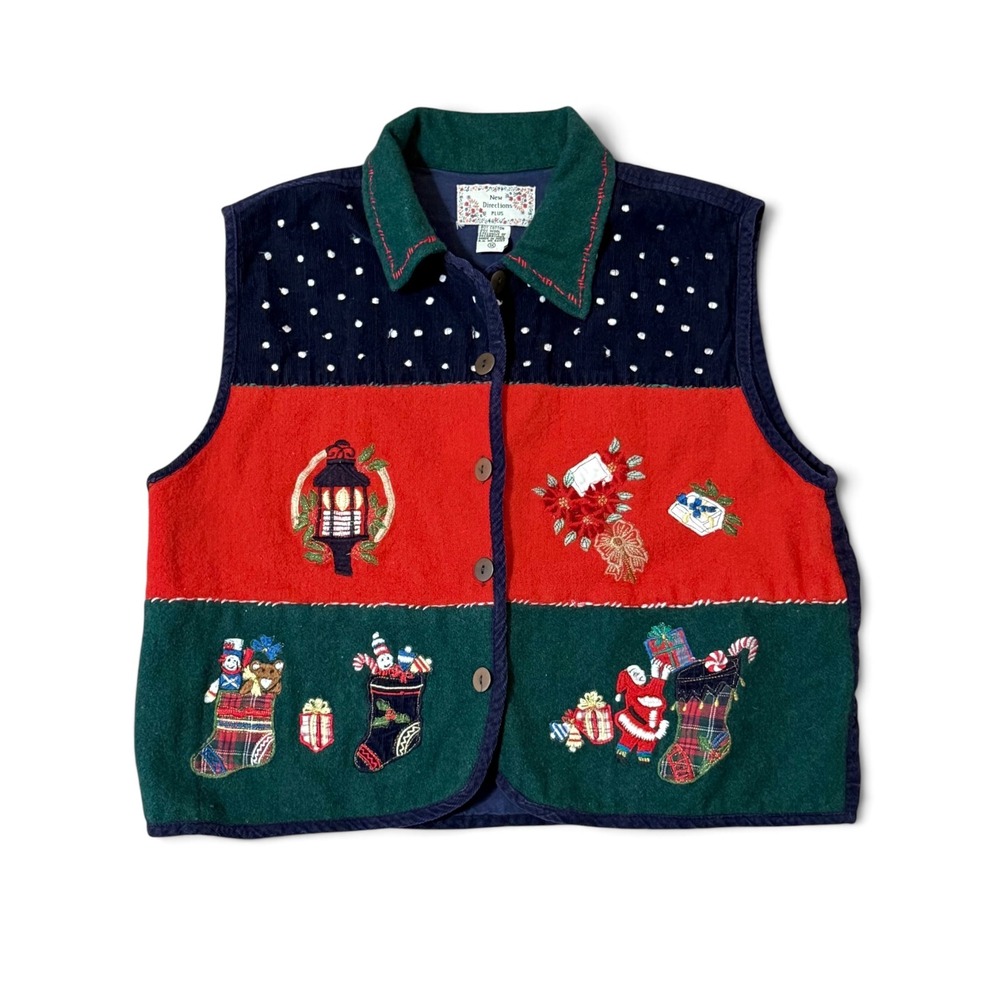 New Directions Vintage Christmas Vest Navy Red Green Embroidered Corduroy 1X